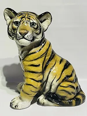 Vtg Mid Century Modern 14.5” Chalkware Hand Painted Baby Tiger Cub Green Eyes • $89.99