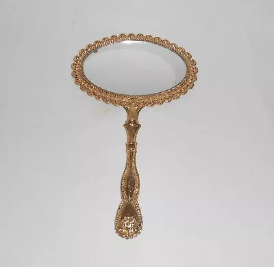 Vintage Ornate Gold Tone Metal Brass? Double Sided Handheld Vanity Mirror • $28