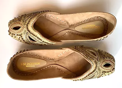 Ilse Jacobsen Sundance Leather Beaded Flats Sz 37 Slippers Tan Sequin EUC READ • $27