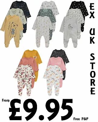 £9.95 • Buy Baby Boys Girls 3 Pack Sleepsuits Ex Uk Store Tb-24m Babygrows Cotton Brand New