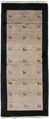 Tribal Beige Charcoal Border Indo-Gabbeh 2'6X6'2 Oriental Rug Handmade Carpet • $193.17