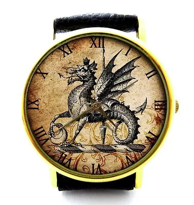 Vintage Medieval Dragon Ephemera Game Of Thrones Handmade Leather Unisex Watch • $79.99