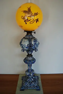 Antique Kerosene Du Rond Bonnetable Delft Majolica Porcelain Chinese Dragon Lamp • $155000