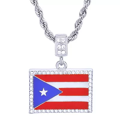 Men's  Silver Tone Bling Puerto Rico Flag Pendant 24  Chain Necklace HC 1046 S • $10.99