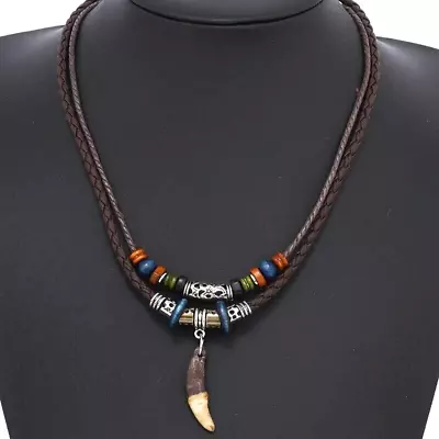 Men's Vintage Wolf Tooth Pendant Multilayer Beaded Leather Rope Necklace Jewelry • $3.90