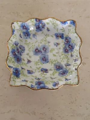 Rosina Bone China England Blue Chintz Crimped Edge Trinket Dish Pansies • $12