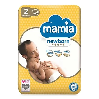 Mamia Newborn Premium Dry Fast Nappies 60 Pack Size 2 Mini 3-6kg/6-13lbs • £8.89