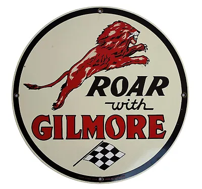 Vtg Roar With Gilmore The Red Lion Porcelain Enamel Gasoline Pump Mobil Oil Sign • $59