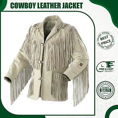 Men Native American Western Cowboy Leather Jacket Suede Leather Fringe & Beaded. • $87.90