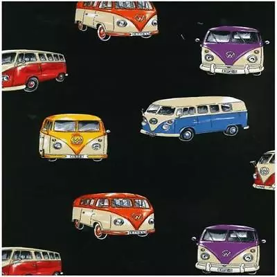 VW Kombi Van Black Background Cotton Quilting Fabric 1/2 YARD • $14.50