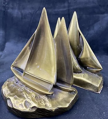 Vintage PM Brass Sail Boat Ocean Nautical Ship Bookends Wonderful Patina • $23.70