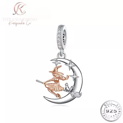 Witch & Cat In Moon Charm Genuine 925 Sterling Silver & Rose Gold • £16.99