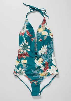 ModCloth Tereza One-Piece Teal Floral Halter Top Swimsuit XS NWT • $17.99