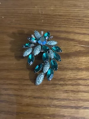 VTG Brooch With Green Rhinestones And Enamel Stones Silver Tone Accents 2.75” • $9.65