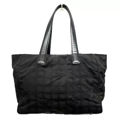 Auth CHANEL New Travel Line Tote MM - Black Nylon Leather Tote Bag • $134