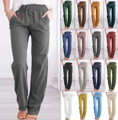 Women Cotton Linen Trousers Ladies Solid Casual Elastic Waist Bottoms Pants UK • £8.99