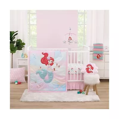 Disney Ariel Watercolor Wishes Aqua Pink And White 3 Piece Nursery Crib Bedd... • $265.54