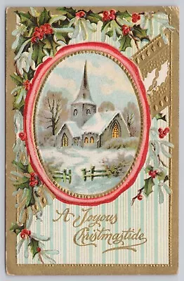 Joyous Christmastide Holly Ivy Snowy Winter Country Church Vintage Postcard • £6.17