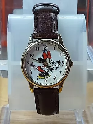 Disney / Mini Mouse Watch Rotating Butterflies NEW BATTERY Leather Band NICE • $30