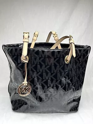 Michael Kors Jet Set MK Logo Black Patent Leather Shiny Tote Bag Purse Large • $50