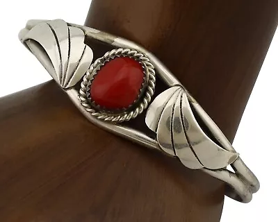 Navajo Bracelet 925 Silver Natural Red Coral Artist Signed Henry Sam 1980's • $198