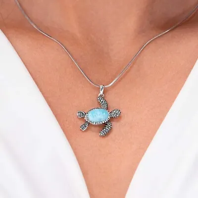 MarahLago Nature Collection Sterling Silver Larimar Turtle Pendant Necklace NWT • $165