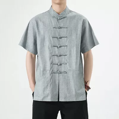 Mens Mandarin Collar Chinese Frog Button Linen Short Sleeve Shirt Top T-Shirt • $30.25