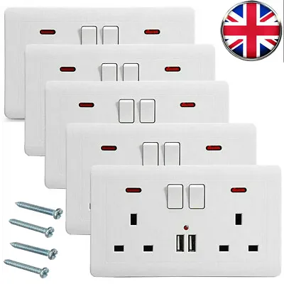 5PCS Double Wall Plug Socket 2 Gang 13A W/2 Charger USB Ports Outlets Flat Plate • £3.79