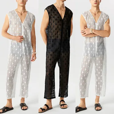 Fashion Mens Sleeveless V Neck Jumpsuits Overalls Lace Crochet Long Pants Plus • $17.42