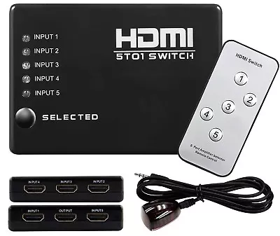 5 Port HDMI Switch Selector Box With IR Remote For Games PC Bluray DVD HDTV LED • £13.99