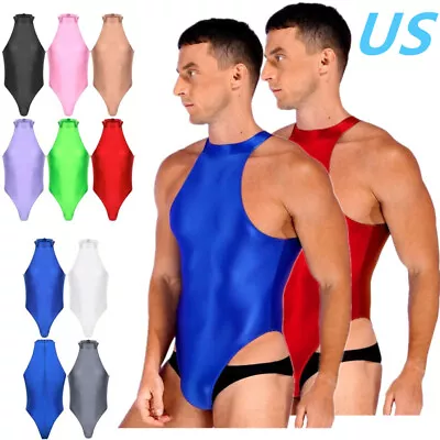 US Men Glossy Bodysuit Jumpsuit One-Piece Sleeveless Turtleneck Leotard Swimsuit • $3.66