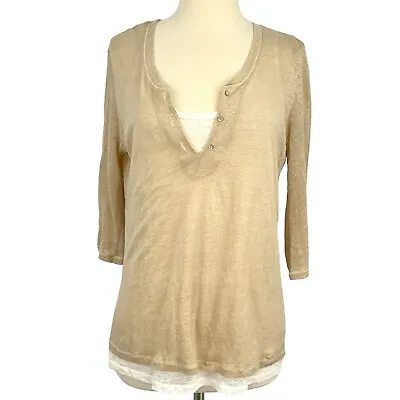 Majestic Filatures Women's 3 M Deluxe T Shirt Beige Henley Linen Double Layer • $39.94