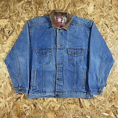 Vintage 90s Marlboro Country Store Denim Jacket Leather Collar Size XL • $32