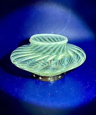 Antique Mt. Washington Opalescent White Swirl Optic Glass Vase Metal Band GLOWS • $70