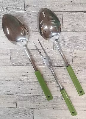 3pc VTG Foley Green Handle Chrome Meat Fork Slotted Spoon And Serving Spoon USA • $59.95