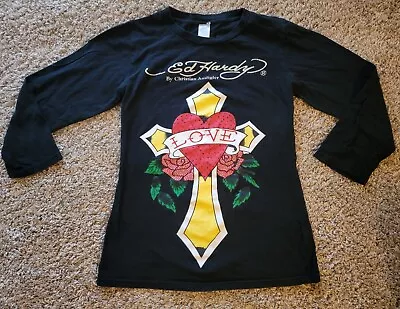 Ed Hardy Women's Long Sleeve Tatoo Love Rose Cross Christian Audigier T Shirt S • $30