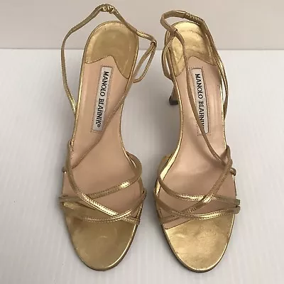 MANOLO BLAHNIK Women's Gold Leather Strappy Sandal Shoe Size 5.5B Retail - $565 • $179.99