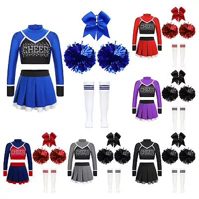 Girls Cheer Leader Costume Outfits Crop Top With Skirt Headwear Pom Pom Socks • £9.99