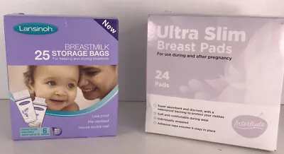 Landinoh Breast Milk Storage Bags X 25 - Interlude Ultra Slim Breast  Pads X 24 • £11