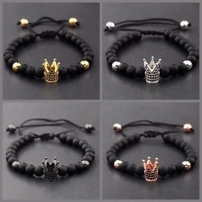 Men Bracelet 24kt Gold Plated Crown Micro Pave Zircon Matt Lava Macrame Bracelet • $2.35