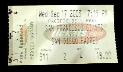 San Francisco Giants Vs San Diego Padres Ticket Stub 9/17/03 At Pac Bell Park • $12.35