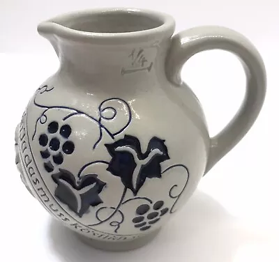 German Gray Salt Glaze Milk Pitcher  Grape Vine 1/4 Jug Cobalt Blue Imprint 3457 • $16.99