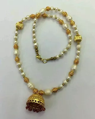 Afghan Natural Garnet Pendant Pearls Beads Necklace & Gold Plated 23.5  Jewelry • $48