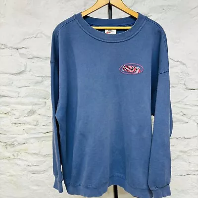 Vintage Nike Y2K Spellout Logo Faded Distressed Crewneck Sweatshirt XL Blue • $69.95