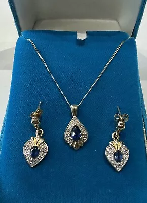 Vintage 9ct Yellow Gold Diamond And Blue Sapphire Necklace And Earring Set • £228