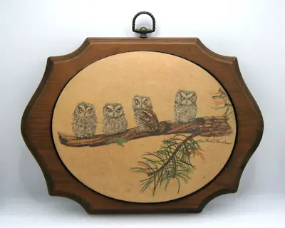 Vtg Wall Plaque Convex Four Owl Tree Branch Wood Frame Glass Bead Finish Karalus • $16.95