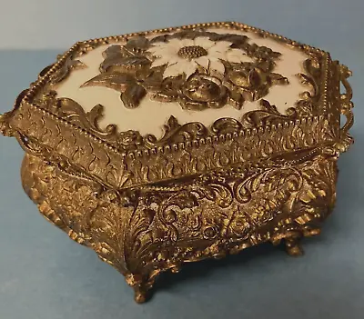 Vintage 60s - Small Floral Gilded Trinket - Jewelry Box • $12