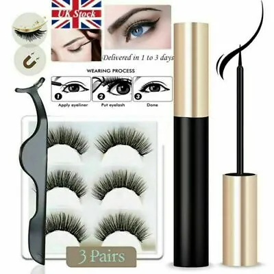 Waterproof Magnetic Eyeliner With Eyelashes And Tweezer 3 Pairs Set Long Lashes • £2.99