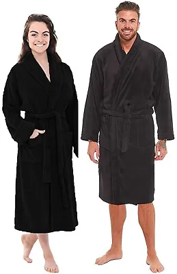 New Soft Fleece Dressing Gown Black Bath Robe Shawl Collar Pockets Ladies Mens  • £13.45