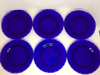 Duralex Vereco 7.5” Swirl Glass Salad Plate France Cobalt Blue Set Of 6 France • $52